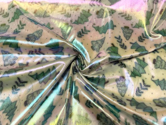 Holo Pleather Brittany Frost Designs Xmas Tree Print #48 Shiny Stretch Vinyl Poly Spandex 190 GSM Apparel Fabric 58"-60" Wide By The Yard