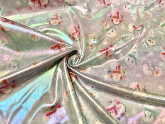Holo Pleather Brittany Frost Designs Snowman Xmas Print #49 Shiny Stretch Vinyl Poly Spandex 190 GSM Apparel Fabric 58"-60" Wide By The Yard