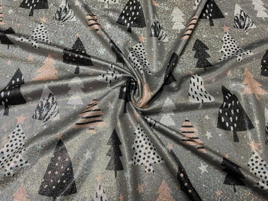 Xmas Trees Star Sparkle Print #29 Shiny Shimmer Stretch Poly Spandex 190 GSM Apparel Craft Fabric 58"-60" Wide By The Yard