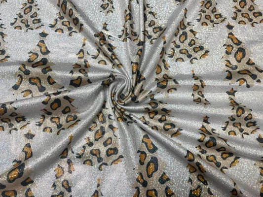Leopard Xmas Trees Print #33 Shiny Shimmer Stretch Poly Spandex 190 GSM Apparel Craft Fabric 58"-60" Wide By The Yard