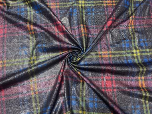 Multi-Color Holiday Plaid Print #35 Shiny Shimmer Stretch Poly Spandex 190 GSM Apparel Craft Fabric 58"-60" Wide By The Yard