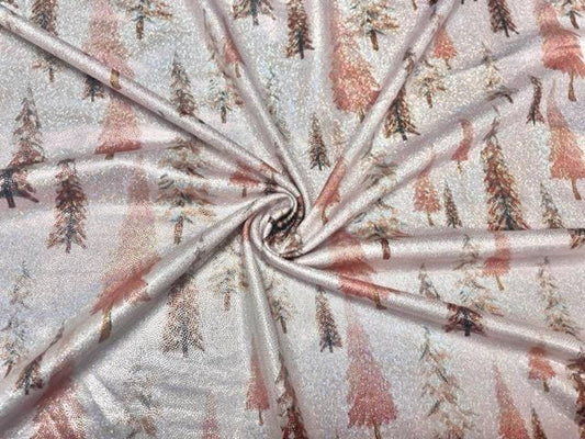 Pink Christmas Tree Print #40 Shiny Shimmer Stretch Poly Spandex 190 GSM Apparel Craft Fabric 58"-60" Wide By The Yard