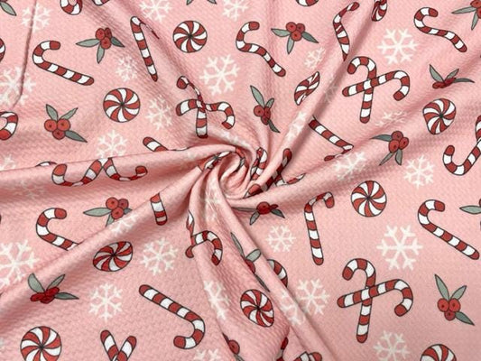 Candy Cane Peppermint Bullet Print #870 Ribbed Scuba Techno Double Knit 2-Way Stretch Poly Spandex Apparel Craft Fabric 58"-60" Wide BTY