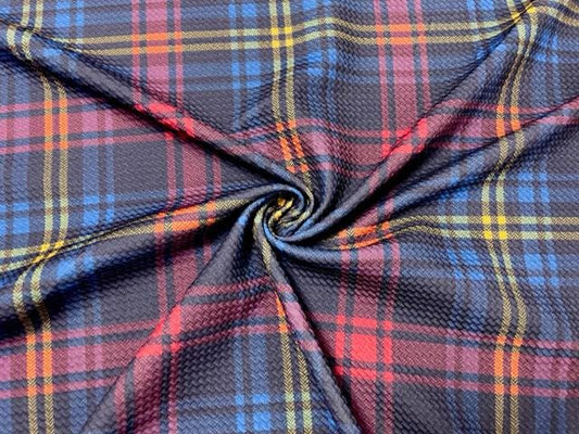 Holiday Plaid Navy Bullet Print #871 Ribbed Scuba Techno Double Knit 2-Way Stretch Poly Spandex Apparel Craft Fabric 58"-60" Wide BTY