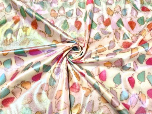 Holo Pleather Brittany Frost Designs Xmas Lights Print #33 Shiny Stretch Vinyl Poly Spandex 190 GSM Apparel Fabric 58"-60" Wide By The Yard