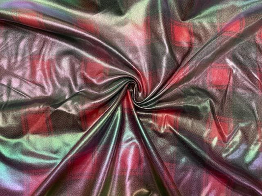 Buffalo Plaid Red Black Holographic Pleather Print #34 Shiny Faux Leather Stretch Vinyl Poly Spandex 190 GSM Fabric 58"-60" Wide By The Yard