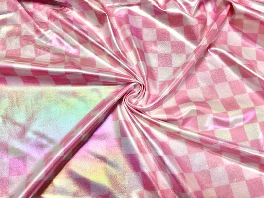 Checkerboard Pink Holographic Pleather Print #40 Shiny Faux Leather Stretch Vinyl Poly Spandex 190 GSM Fabric 58"-60" Wide By The Yard