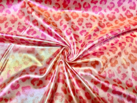 Red Leopard Spot Animal Holographic Pleather Print #45 Shiny Faux Leather Stretch Vinyl Poly Spandex 190 GSM Fabric 58"-60" Wide By The Yard
