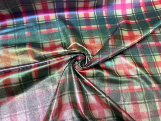 Green Xmas Plaid Holographic Pleather Print #51 Shiny Faux Leather Stretch Vinyl Poly Spandex 190 GSM Fabric 58"-60" Wide By The Yard