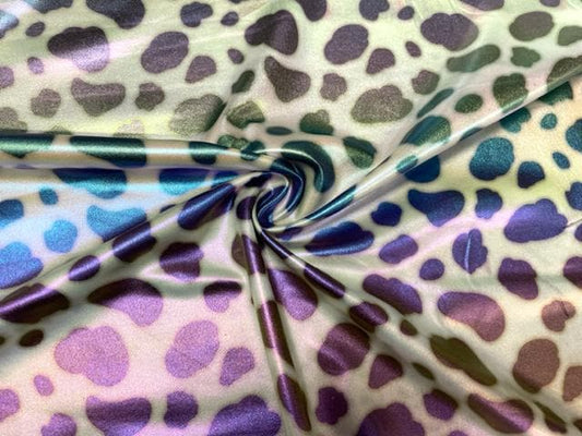 Cow Spot Cowhide Holographic Pleather Print #52 Shiny Faux Leather Stretch Vinyl Poly Spandex 190 GSM Fabric 58"-60" Wide By The Yard