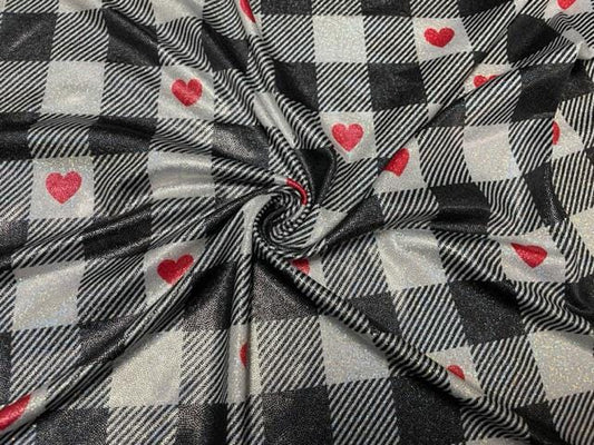 Buffalo Plaid Black White Hearts Sparkle Print #28 Shiny Shimmer Stretch Poly Spandex 190 GSM Apparel Craft Fabric 58"-60" Wide By The Yard