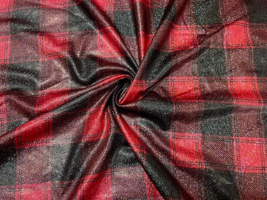 Lumberjack Plaid Red Black Print #30 Shiny Shimmer Stretch Poly Spandex 190 GSM Apparel Craft Fabric 58"-60" Wide By The Yard