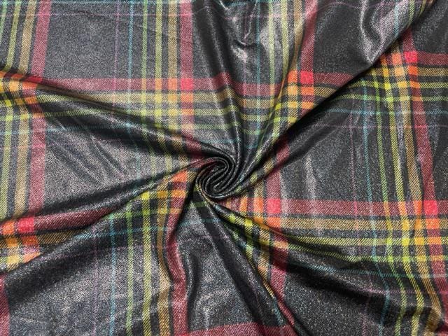 Multi-Color Holiday Plaid Print #39 Shiny Shimmer Stretch Poly Spandex 190 GSM Apparel Craft Fabric 58"-60" Wide By The Yard