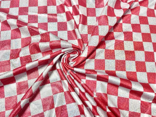 Checkerboard Red White Print #43 Shiny Shimmer Stretch Poly Spandex 190 GSM Apparel Craft Fabric 58"-60" Wide By The Yard