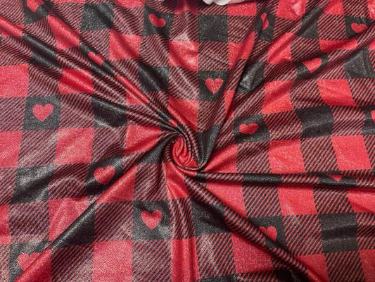Buffalo Plaid Red Hearts Print #44 Shiny Shimmer Stretch Poly Spandex 190 GSM Apparel Craft Fabric 58"-60" Wide By The Yard