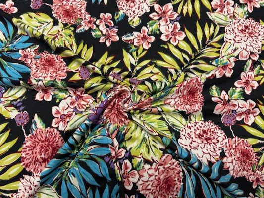 Classic Floral Rose Fern Leaf Print DBP Print #966 Double Brushed Polyester Spandex Apparel Stretch Fabric 190 GSM 58"-60" Wide By The Yard