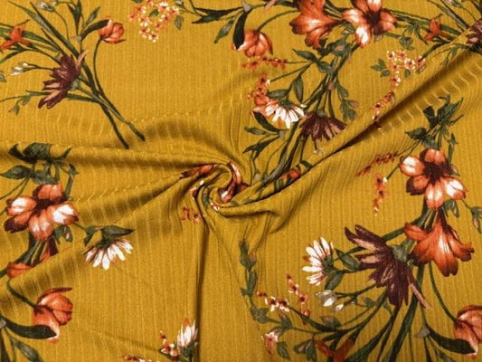 Mustard Floral Rib Knit 8X3 DBP Print #417 Jersey Knit Polyester Spandex Stretch 200 GSM Apparel Fabric 58"-60" Wide By The Yard