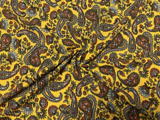 Paisley Mustard Floral DBP 4x2 Rib Knit Print #422 Double Brushed Poly Spandex Stretch 190GSM Apparel Fabric 58"-60" Wide By The Yard