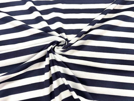 Stripe Navy White Jersey Knit Print #3 Rayon Spandex Stretch Soft Apparel Fabric 180 GSM 58"-60" Wide By The Yard