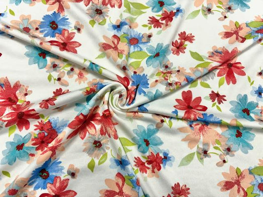 DTY Floral Print #14 White Polyester Spandex Apparel Stretch Fabric 190 GSM 58"-60" Wide By The Yard