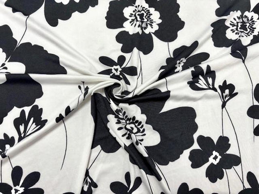 DTY Floral Print #16 Black White Polyester Spandex Apparel Stretch Fabric 190 GSM 58"-60" Wide By The Yard