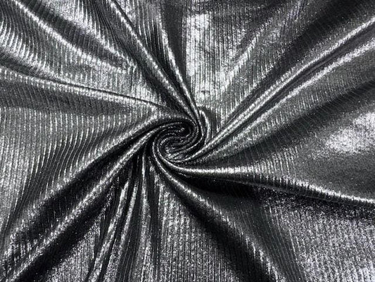 Silver Metallic Shimmer Black DBP 4X2 Rib Knit #79 Double Brushed Polyester Spandex Stretch 190GSM Apparel Fabric 58"-60" Wide By The Yard