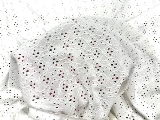 White Eyelet Floral Knit #15 Polyester Spandex Stretch Apparel Fabric 200GSM 58"-60" Wide By The Yard