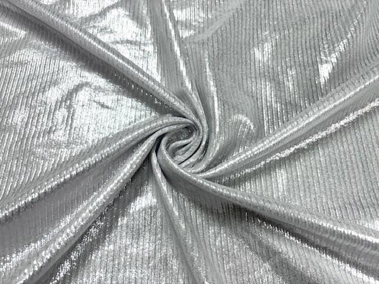 Silver Metallic Shimmer White DBP 4X2 Rib Knit #78 Double Brushed Polyester Spandex Stretch 190GSM Apparel Fabric 58"-60" Wide By The Yard