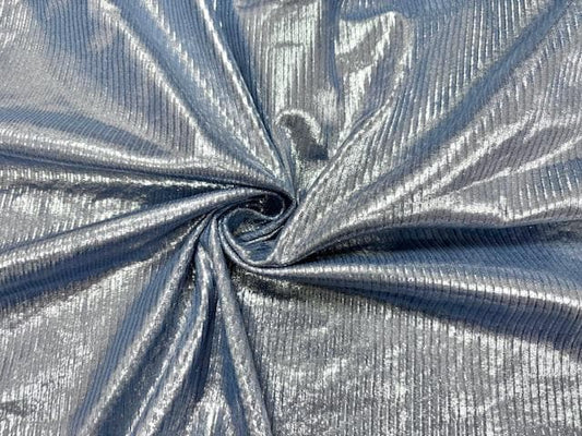 Silver Metallic Shimmer Blue DBP 4X2 Rib Knit #82 Double Brushed Polyester Spandex Stretch 190GSM Apparel Fabric 58"-60" Wide By The Yard