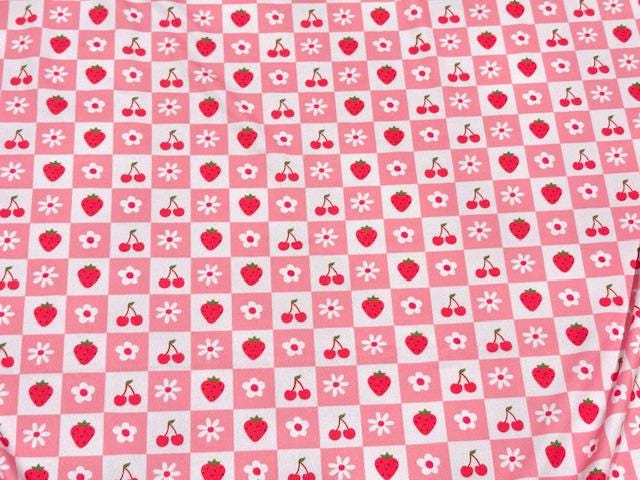 Swimwear Fabric Checkerboard Cherries Strawberry Floral Activewear Print #991 Polyester Spandex Stretch By The Yard
