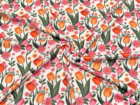 250 GSM DBP Tulip Floral #997 Double Brushed Polyester Spandex Apparel Stretch Fabric 58"-60" Wide By The Yard