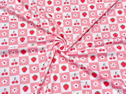Checkerboard Strawberry Floral DBP Print #991 Double Brushed Polyester Spandex Apparel Stretch Fabric 190 GSM 58"-60" Wide By The Yard
