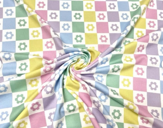 Swimwear Fabric Checkerboard Floral Daisy Activewear Print #741Polyester Spandex Stretch By The Yard