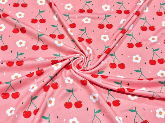 250 GSM DBP Cherries Floral #990 Double Brushed Polyester Spandex Apparel Stretch Fabric 58"-60" Wide By The Yard