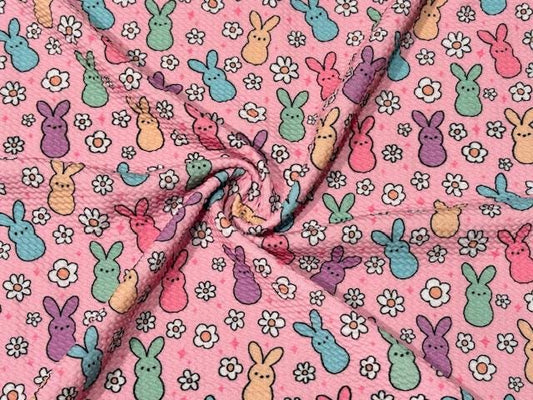 Easter Peeps Bunny Floral Bullet Print #896 Ribbed Scuba Techno Double Knit 2-Way Stretch Poly Spandex Apparel Craft Fabric 58"-60" Wide BTY