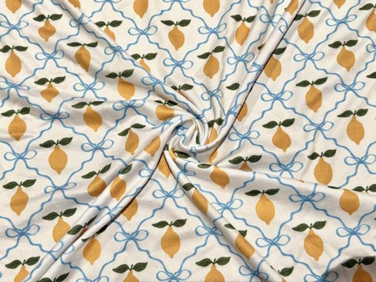 250 GSM DBP Lemons Trellis Bow #1006 Double Brushed Polyester Spandex Apparel Stretch Fabric 58"-60" Wide By The Yard