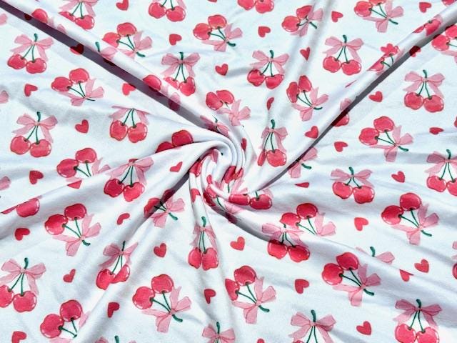 Swimwear Fabric Activewear Cherry Bows Print #1014 Polyester Spandex Stretch By The Yard