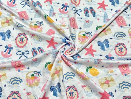 Beach And Bows DBP Print #1009 Double Brushed Polyester Spandex Apparel Stretch Fabric 190 GSM 58"-60" Wide By The Yard