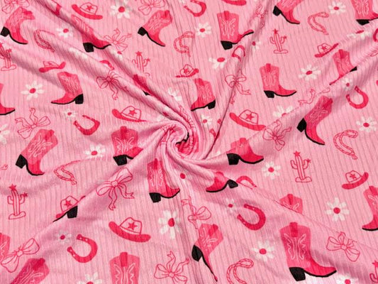 4x2 Rib Knit Cowboy Boot Bow Multi-Color DBP Print #545 Double Brushed Poly Spandex Stretch 190GSM Apparel Fabric 58"-60" Wide By The Yard