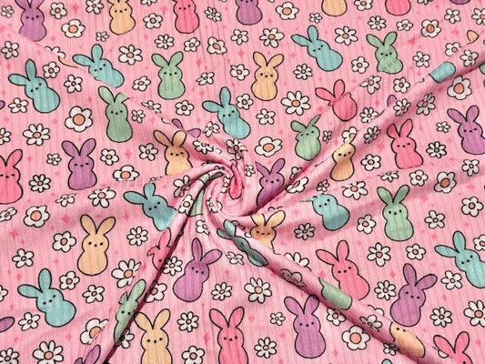 4x2 Rib Knit Peeps Bunny Floral DBP Print #550 Double Brushed Poly Spandex Stretch 190GSM Apparel Fabric 58"-60" Wide By The Yard