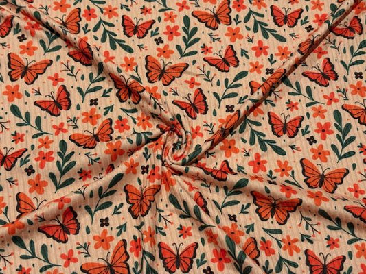 4x2 Rib Knit Butterfly Floral DBP Print #551 Double Brushed Poly Spandex Stretch 190GSM Apparel Fabric 58"-60" Wide By The Yard