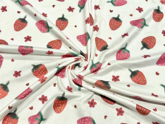 Brittany Frost Designs Strawberries DBP Print #1017 Double Brushed Polyester Spandex Apparel Stretch Fabric 190 GSM 58"-60" Wide By The Yard