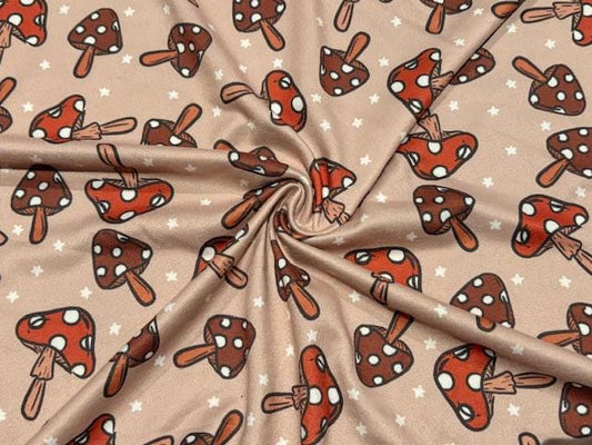 Brittany Frost Designs Mushrooms DBP Print #1020 Double Brushed Polyester Spandex Apparel Stretch Fabric 190 GSM 58"-60" Wide By The Yard