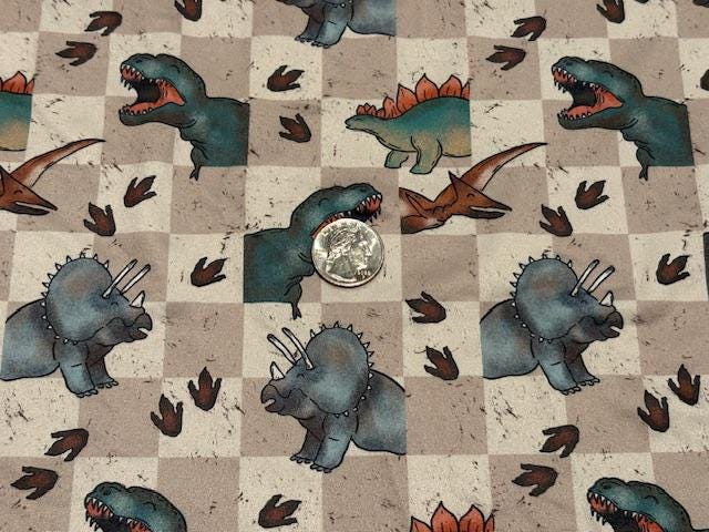 Brittany Frost Designs Dino Check DBP Print #1056 Double Brushed Polyester Spandex Apparel Stretch Fabric 190 GSM 58"-60" Wide By The Yard