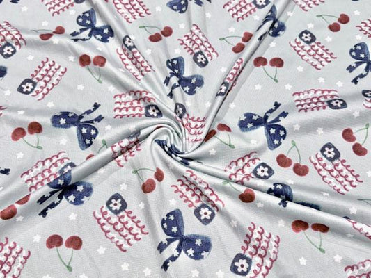 250 GSM DBP Brittany Frost Designs USA Flag Bows #1038 Double Brushed Polyester Spandex Apparel Stretch Fabric 58"-60" Wide By The Yard