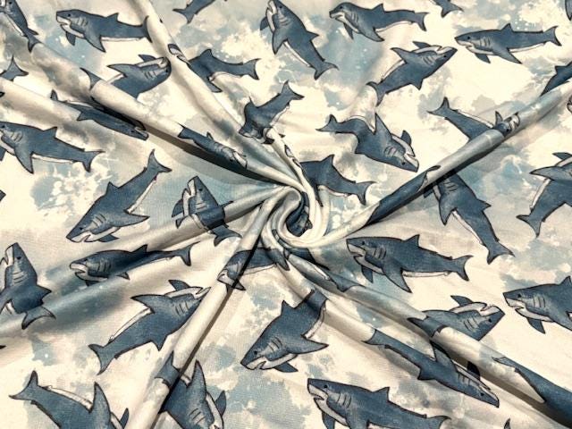 Super Scuba Techno Brittany Frost Designs Sharks Print #1023 Knit Stretch Fabric Poly Spandex Apparel Fabric 58"-60" Wide By The Yard
