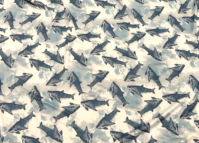 Super Scuba Techno Brittany Frost Designs Sharks Print #1023 Knit Stretch Fabric Poly Spandex Apparel Fabric 58"-60" Wide By The Yard
