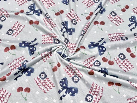 Super Scuba Techno Brittany Frost Designs USA Bows Flag Print #1038 Knit Stretch Poly Spandex Apparel Fabric 58"-60" Wide By The Yard