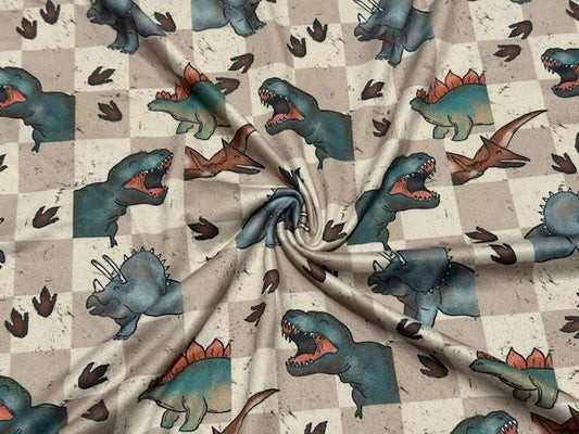Brittany Frost Designs Dino Check DBP Print #1056 Double Brushed Polyester Spandex Apparel Stretch Fabric 190 GSM 58"-60" Wide By The Yard