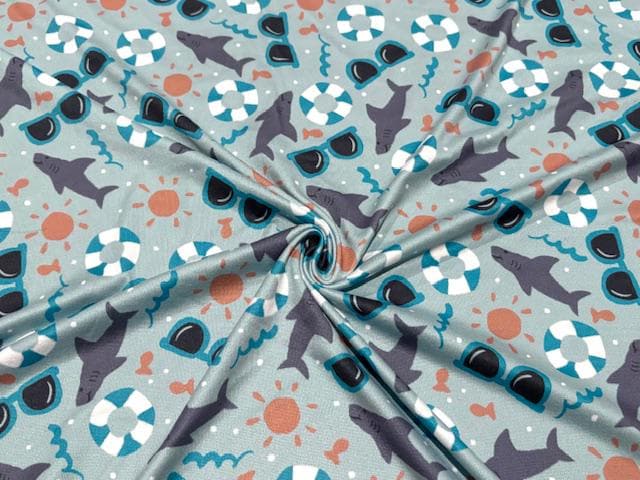 250 GSM DBP Brittany Frost Designs Sharks #1022 Double Brushed Polyester Spandex Apparel Stretch Fabric 58"-60" Wide By The Yard